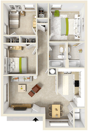 Three Bed / One Bath - 1,015 Sq. Ft.*